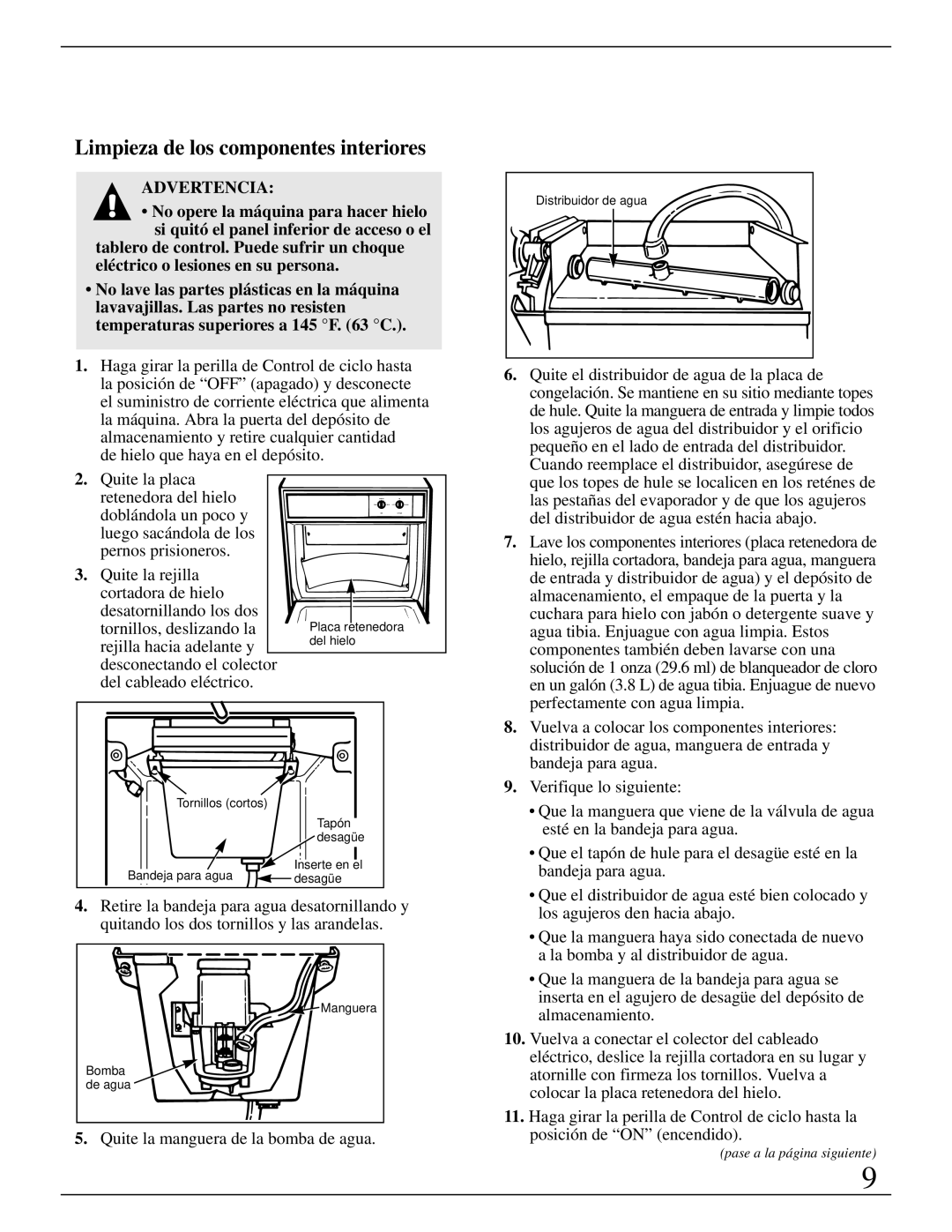 GE Monogram ZDIW50 installation instructions Limpieza de los componentes interiores 