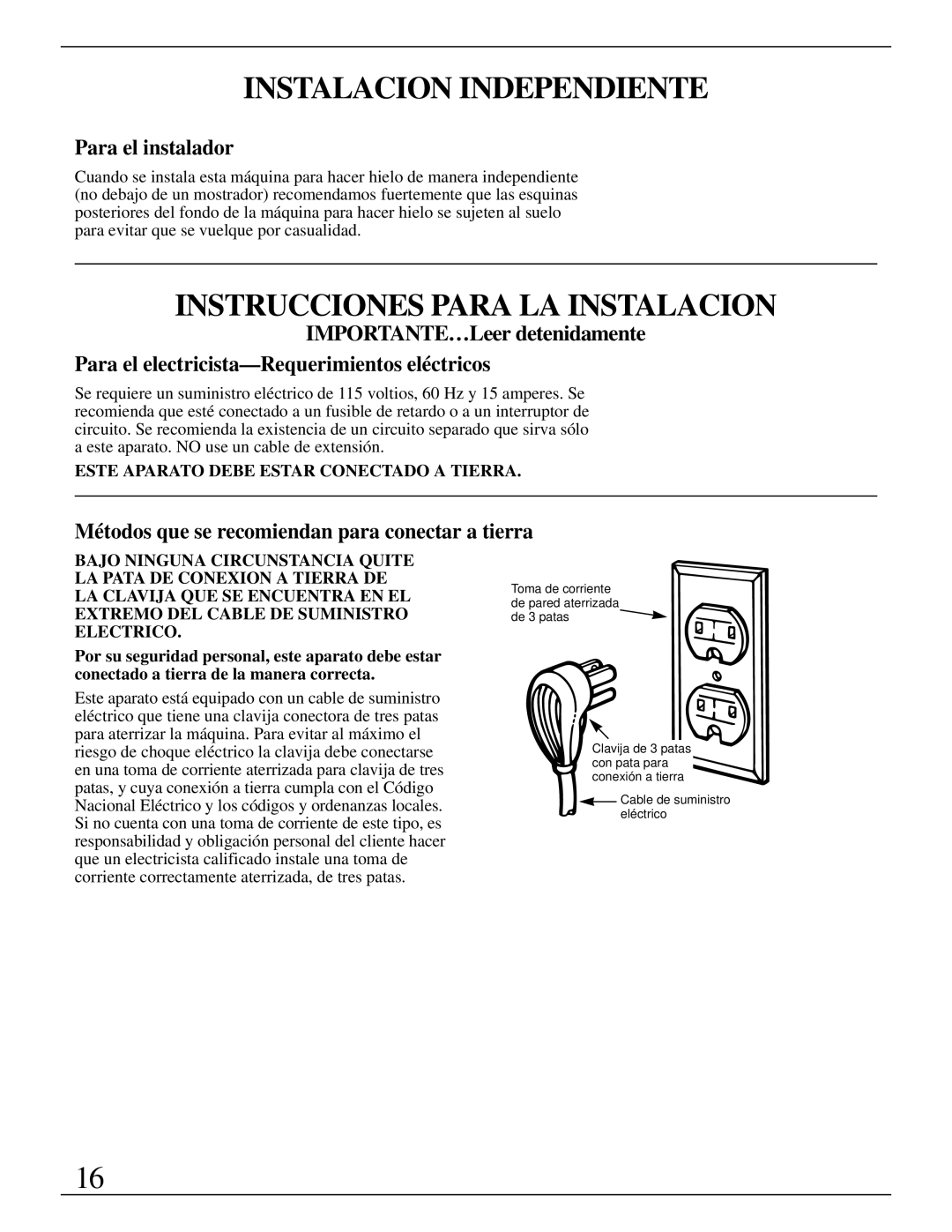 GE Monogram ZDIW50 Instalacion Independiente, Instrucciones Para LA Instalacion, Para el instalador 