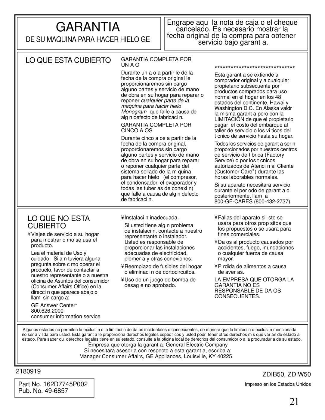 GE Monogram ZDIW50 installation instructions Garantia 