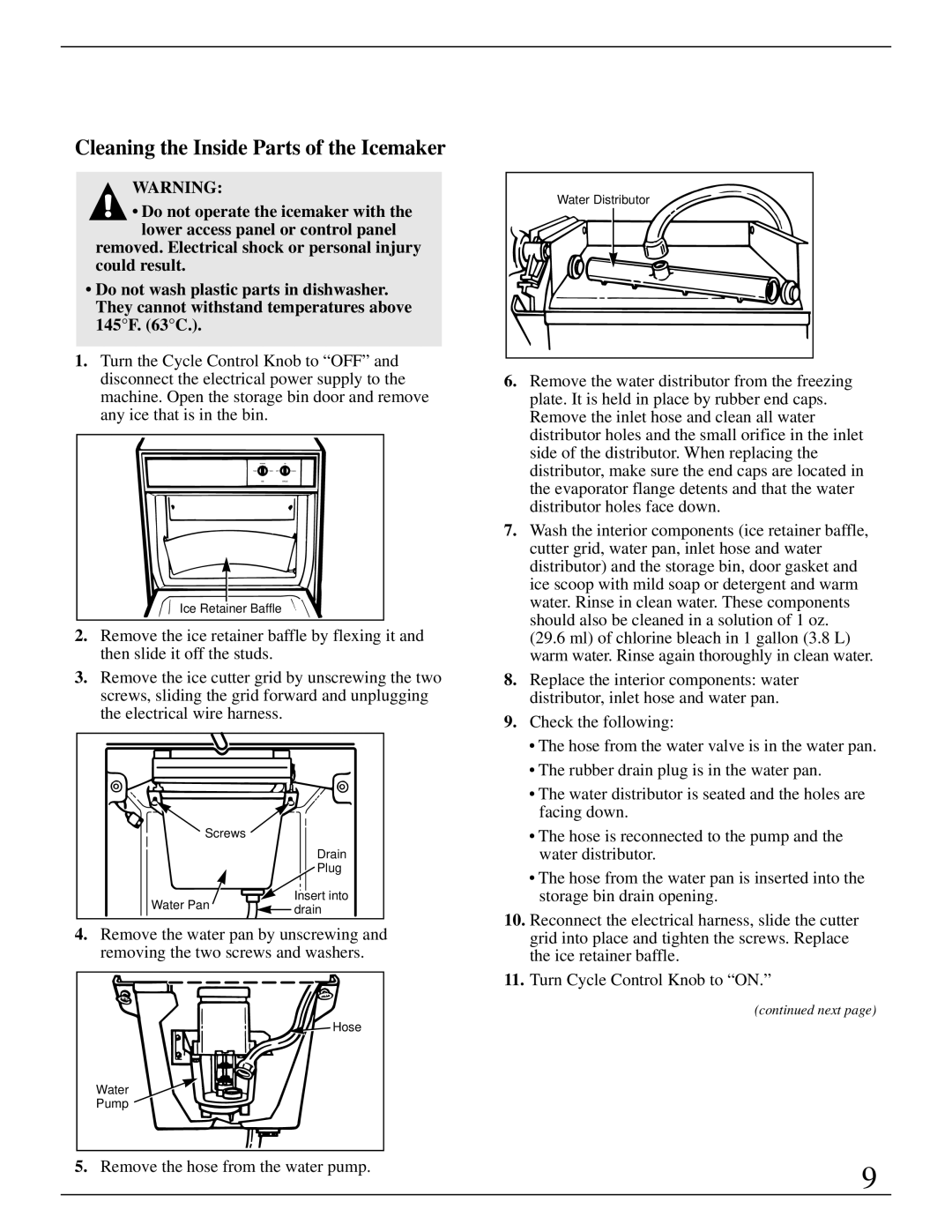 GE Monogram ZDIW50 installation instructions Cleaning the Inside Parts of the Icemaker, Remove the hose from the water pump 