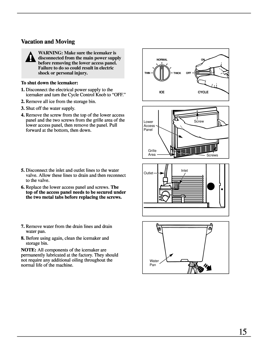 GE Monogram ZDIW50 installation instructions Vacation and Moving, To shut down the icemaker 
