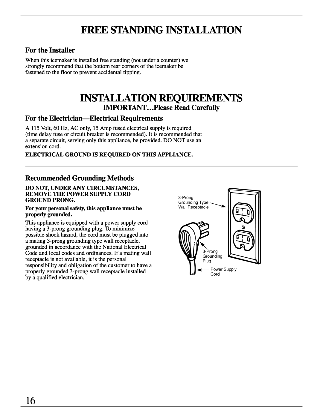 GE Monogram ZDIW50 Free Standing Installation, Installation Requirements, For the Installer, Recommended Grounding Methods 