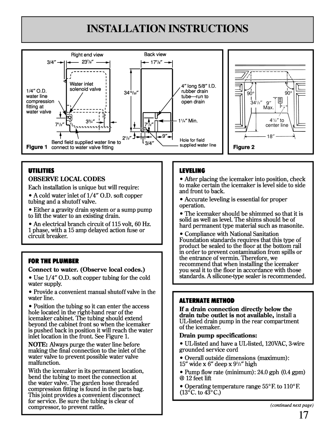 GE Monogram ZDIW50 Installation Instructions, Utilities, For The Plumber, Leveling, Alternate Method, Observe Local Codes 