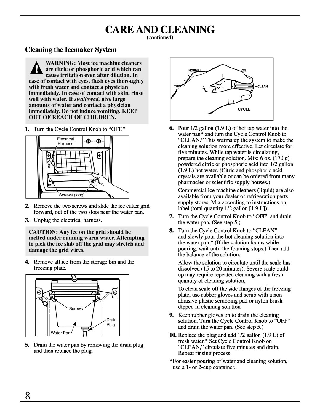 GE Monogram ZDIW50 installation instructions Cleaning the Icemaker System, Care And Cleaning, Electrical, Screws long 