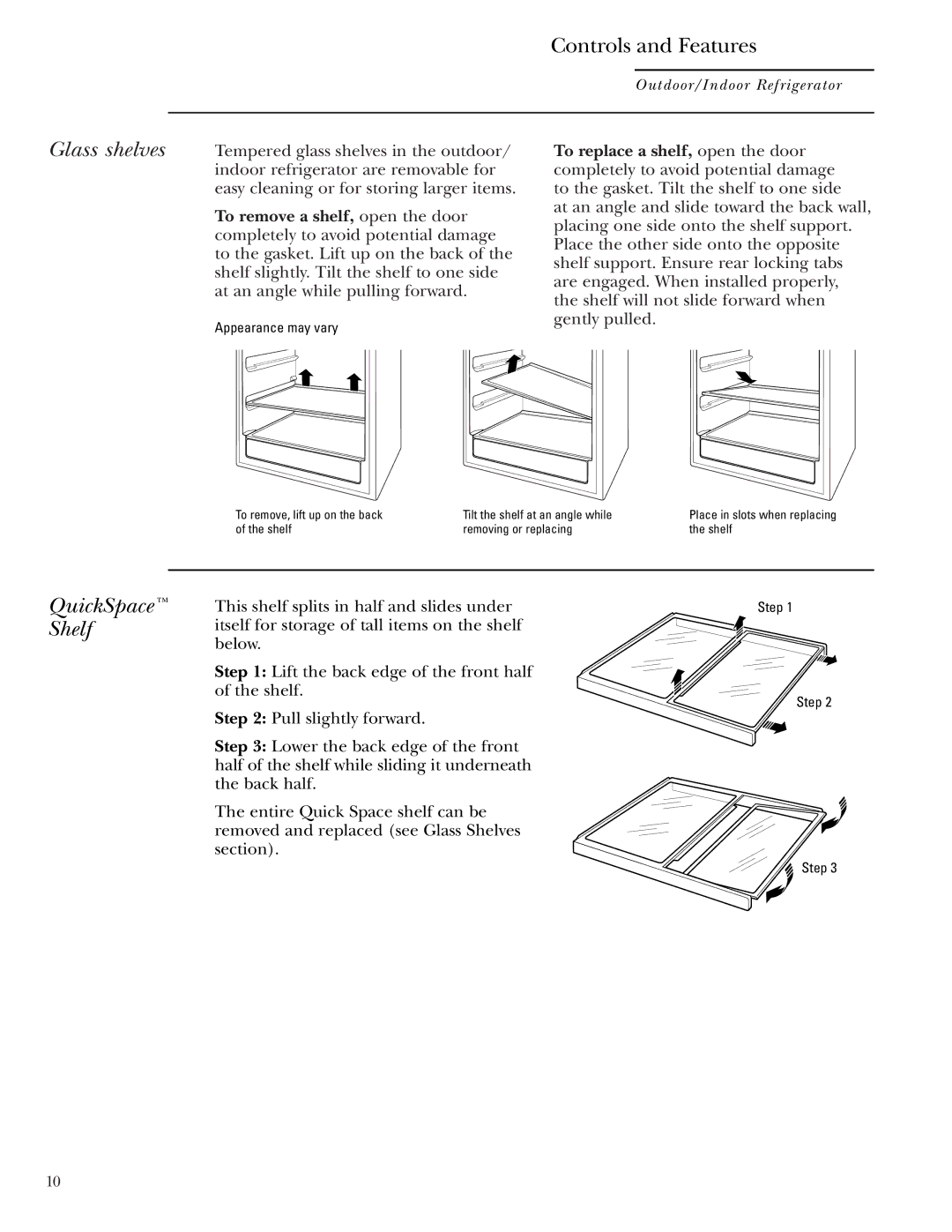 GE Monogram ZDOD240 owner manual Glass shelves, QuickSpace Shelf 