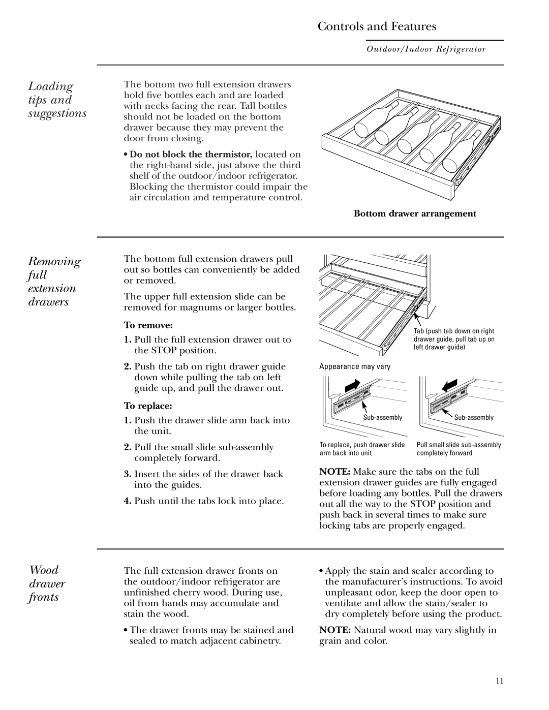 GE Monogram ZDOD240 owner manual Loading tips and suggestions, Removing full extension drawers, Wood drawer fronts 