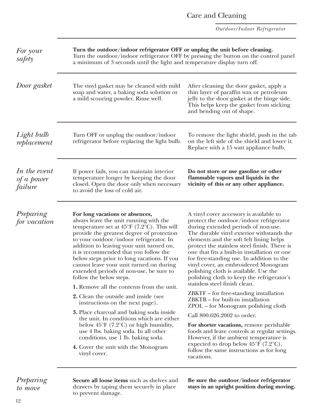 GE Monogram ZDOD240 For your safety Door gasket, Event of a power failure, Preparing for vacation, Preparing to move 