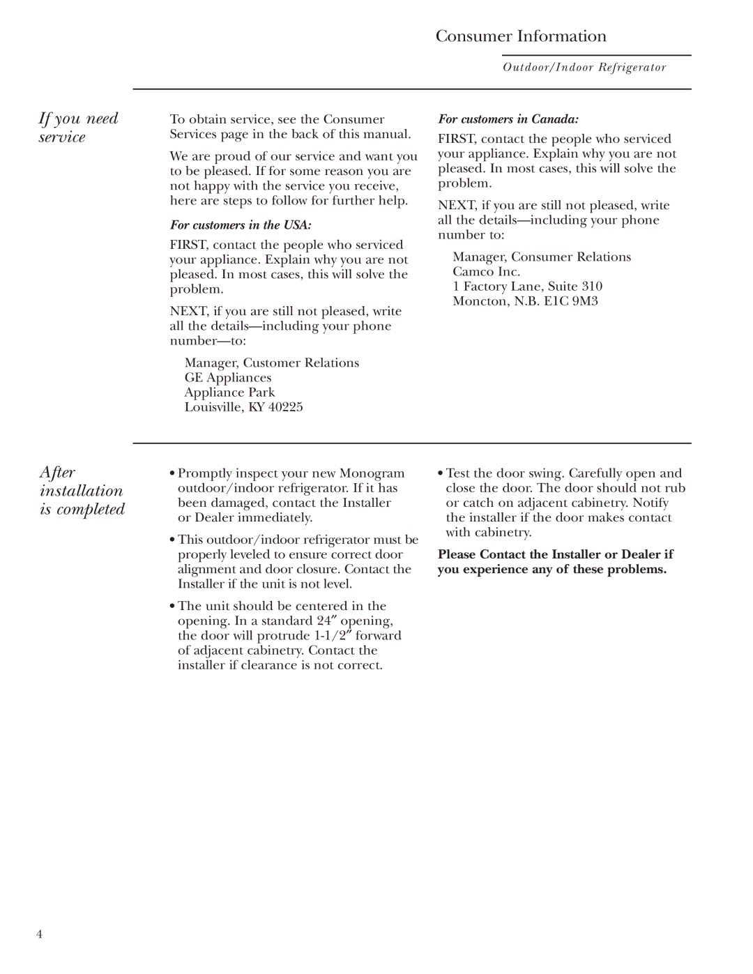 GE Monogram ZDOD240 owner manual If you need service, After installation is completed 