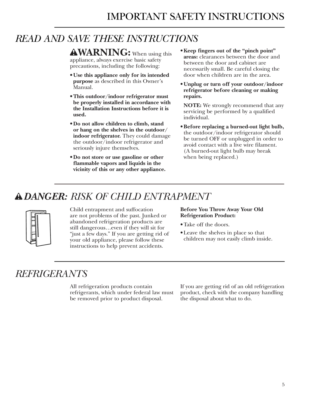 GE Monogram ZDOD240 Read and Save These Instructions, Refrigerants, Before You Throw Away Your Old Refrigeration Product 