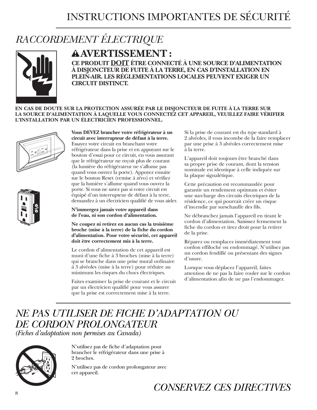 GE Monogram ZDOD240 Raccordement Électrique, Conservez CES Directives, Fiches d’adaptation non permises au Canada 