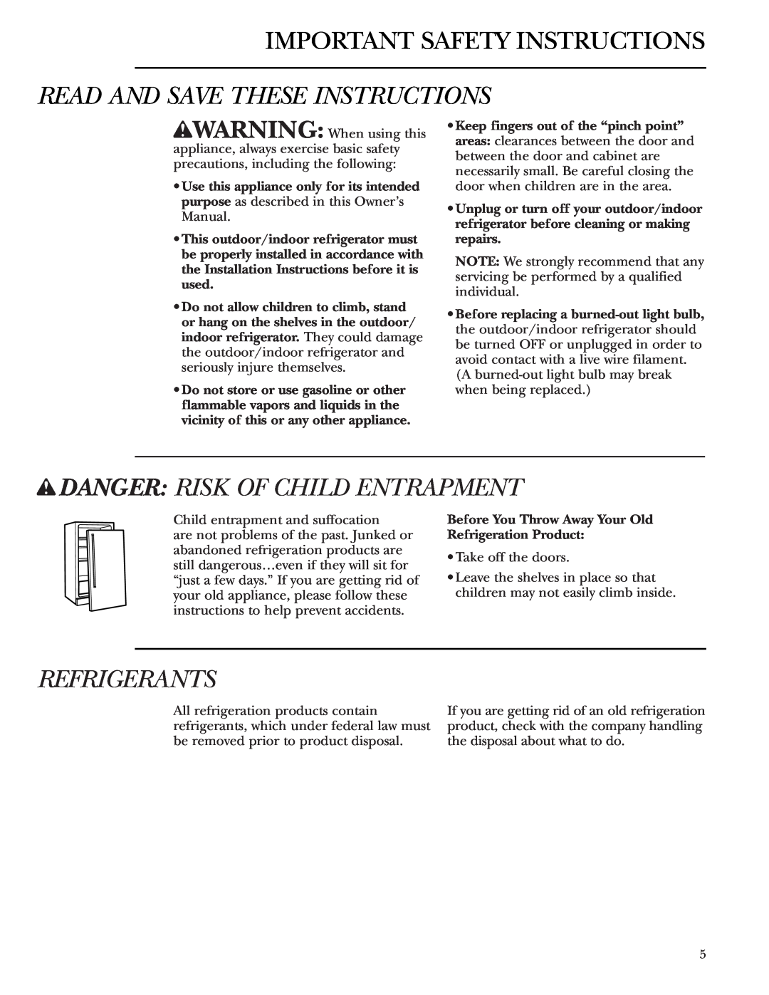 GE Monogram ZDOD240 Important Safety Instructions, Read And Save These Instructions, wDANGER RISK OF CHILD ENTRAPMENT 