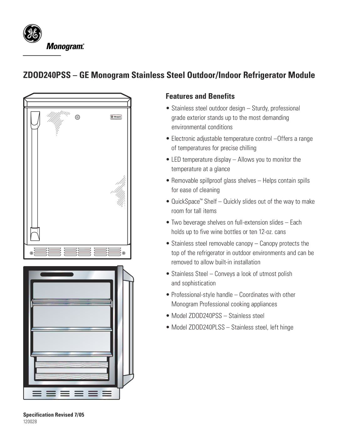 GE Monogram ZDOD240PSS dimensions Specification Revised 7/05 