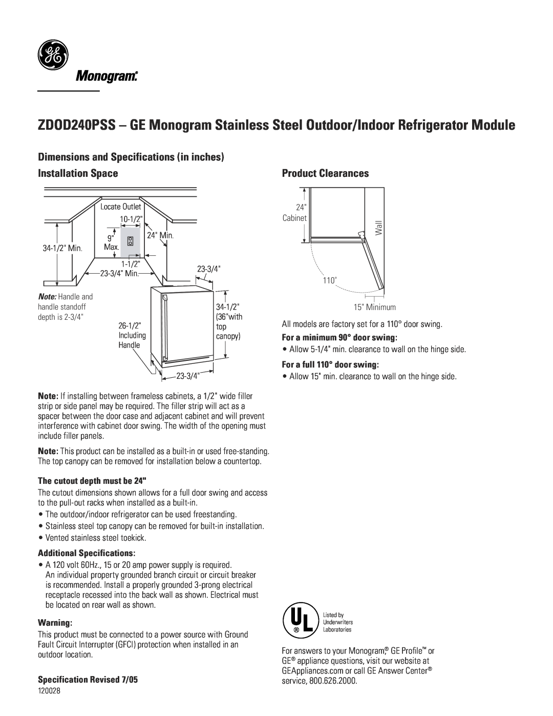 GE Monogram ZDOD240PSS dimensions Product Clearances, For a minimum 90 door swing, For a full 110 door swing 