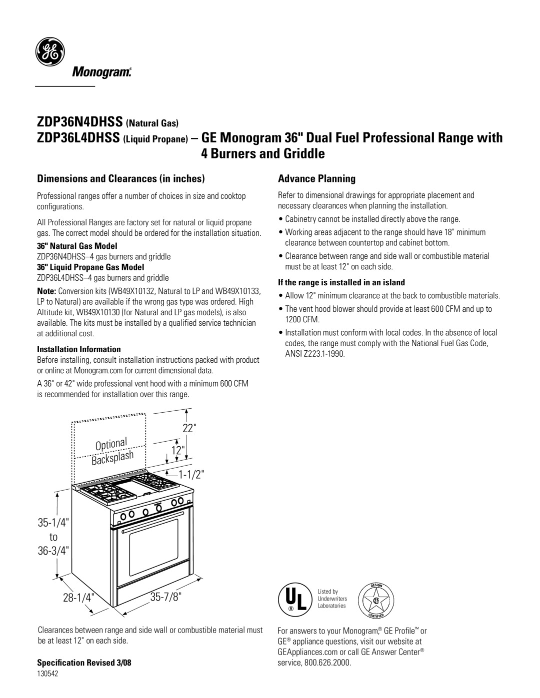 GE Monogram ZDP36N4DHSS dimensions Dimensions and Clearances in inches, Advance Planning, Installation Information 