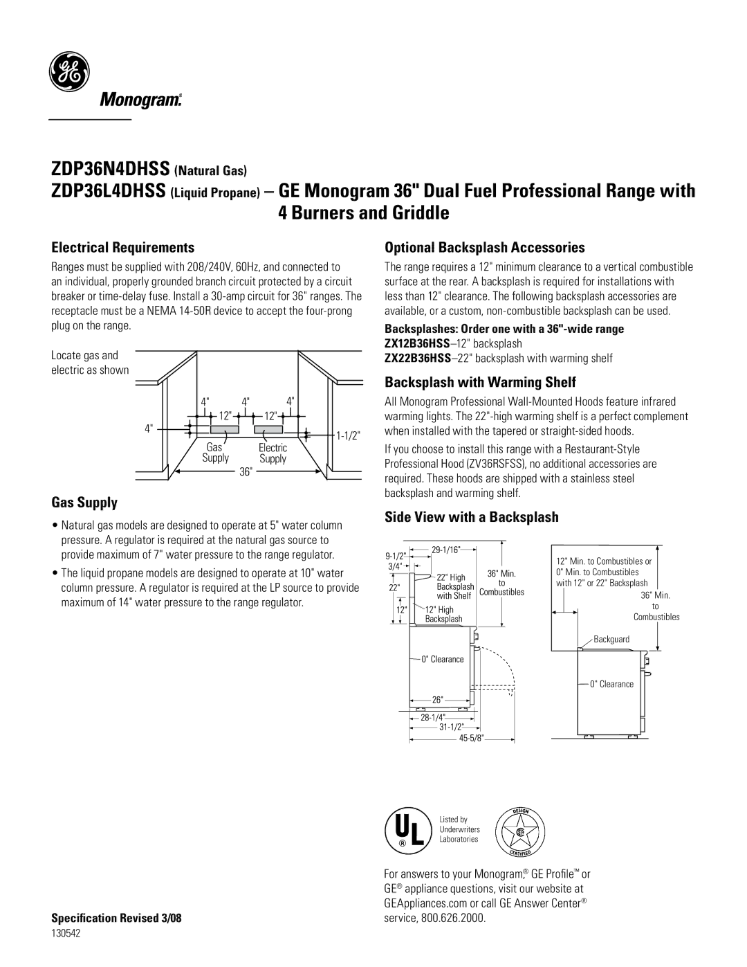 GE Monogram ZDP3614DHSS Electrical Requirements, Gas Supply, Optional Backsplash Accessories, Side View with a Backsplash 