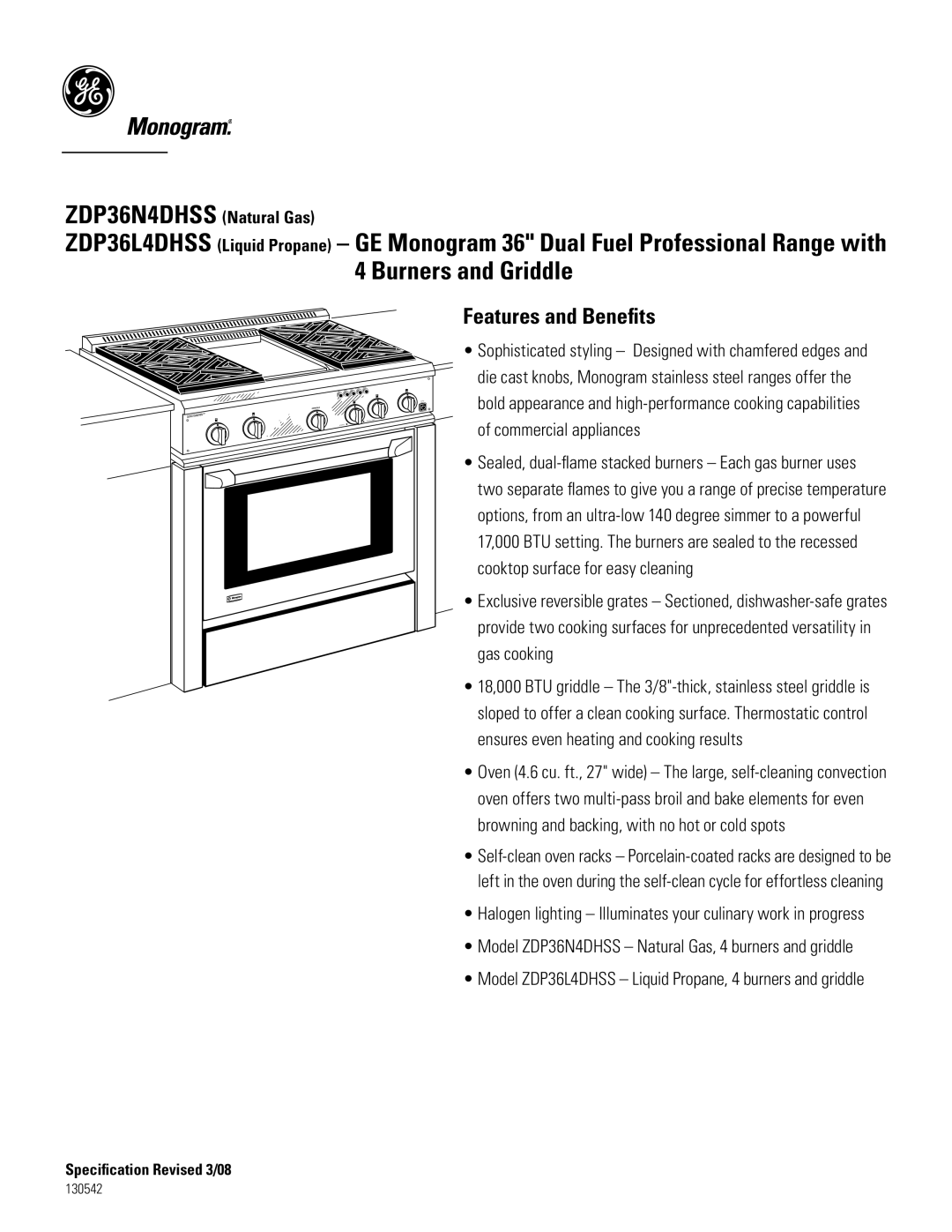 GE Monogram ZDP36N4DHSS, ZDP3614DHSS dimensions Features and Benefits 