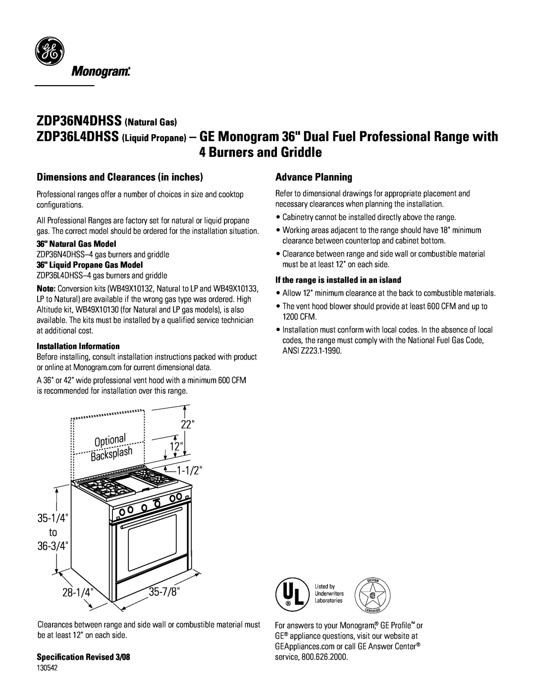 GE Monogram ZDP36N4DHSS dimensions Dimensions and Clearances in inches, Advance Planning, zdp36n4dhss Natural Gas 