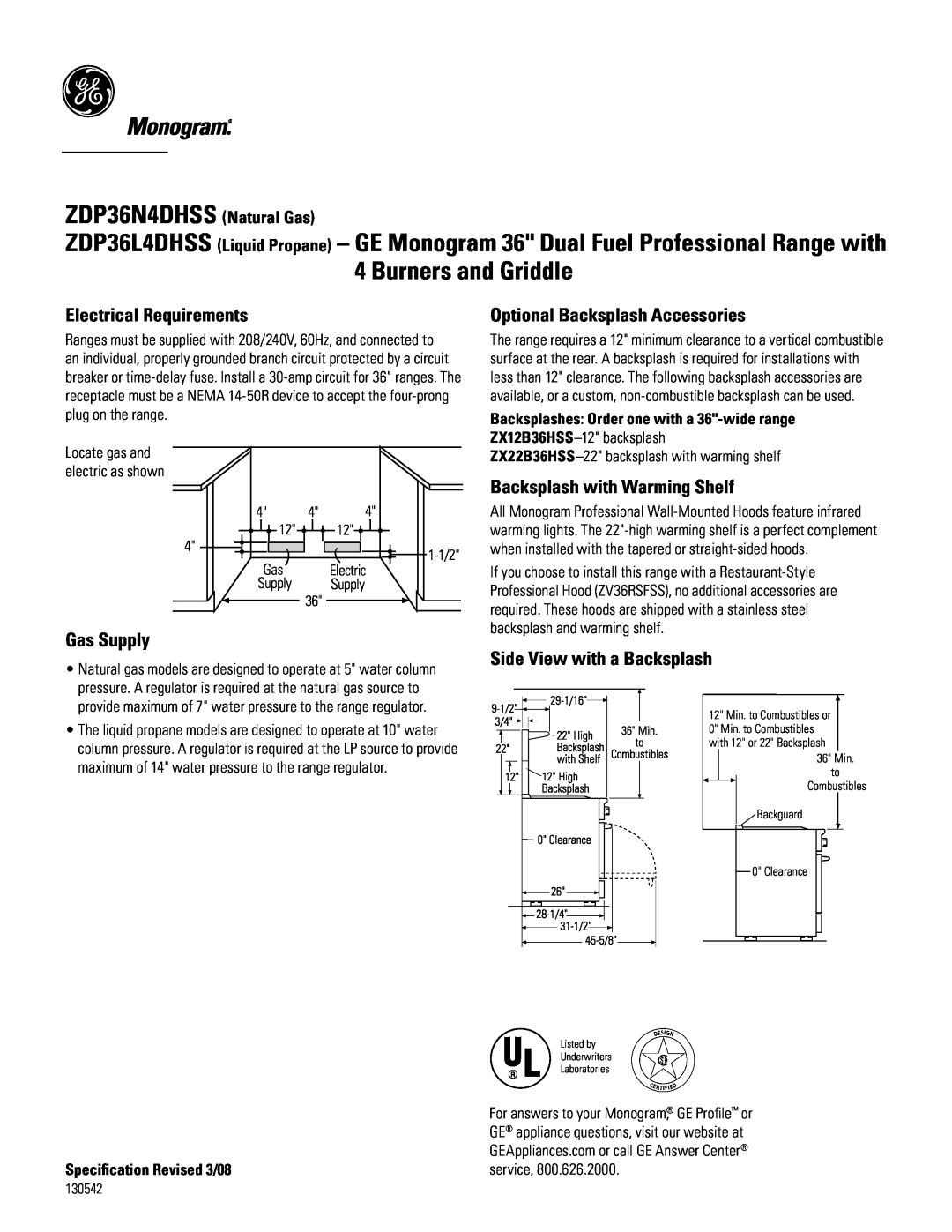 GE Monogram ZDP3614DHSS Electrical Requirements, Gas Supply, Optional Backsplash Accessories, Side View with a Backsplash 