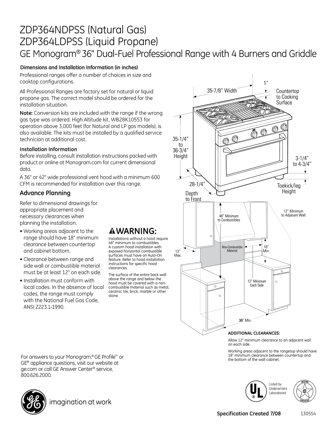 GE Monogram dimensions ZDP364NDPSS Natural Gas ZDP364LDPSS Liquid Propane, Advance Planning, Installation Information 