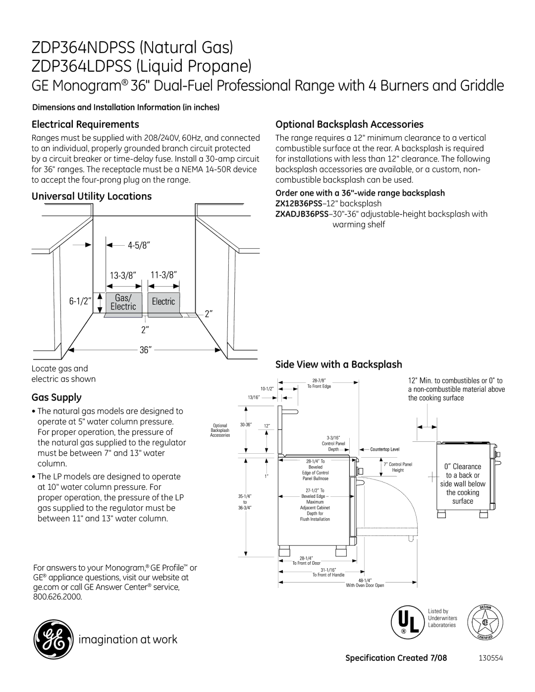 GE Monogram ZDP364NDPSS Electrical Requirements, Universal Utility Locations, Gas Supply, Optional Backsplash Accessories 