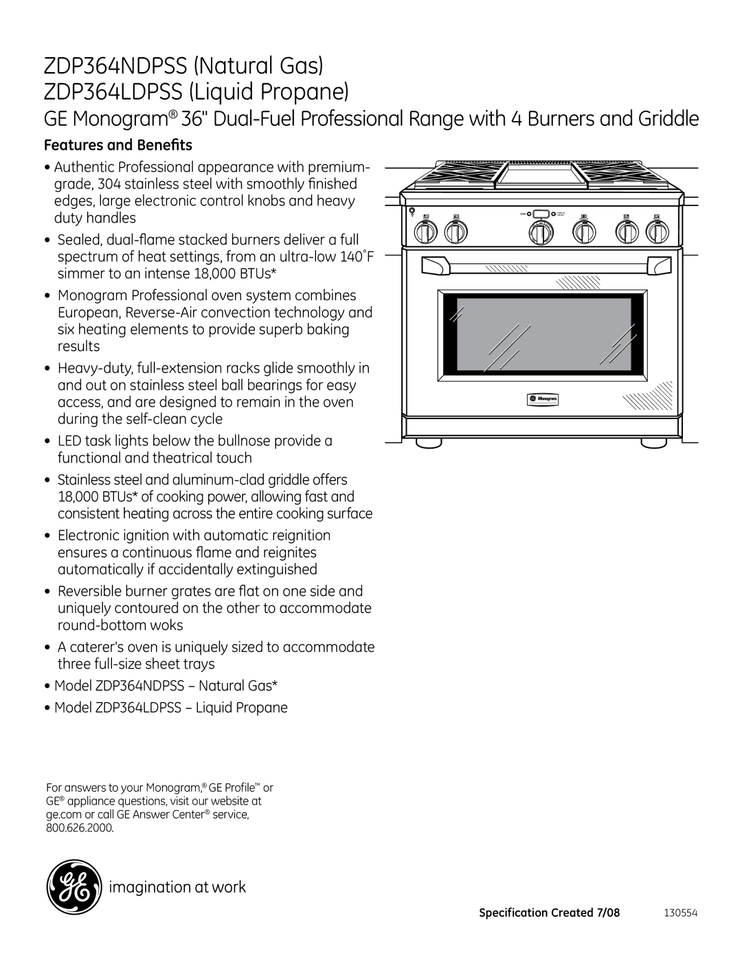 GE Monogram ZDP364LDPSS, ZDP364NDPSS dimensions Features and Benefits 