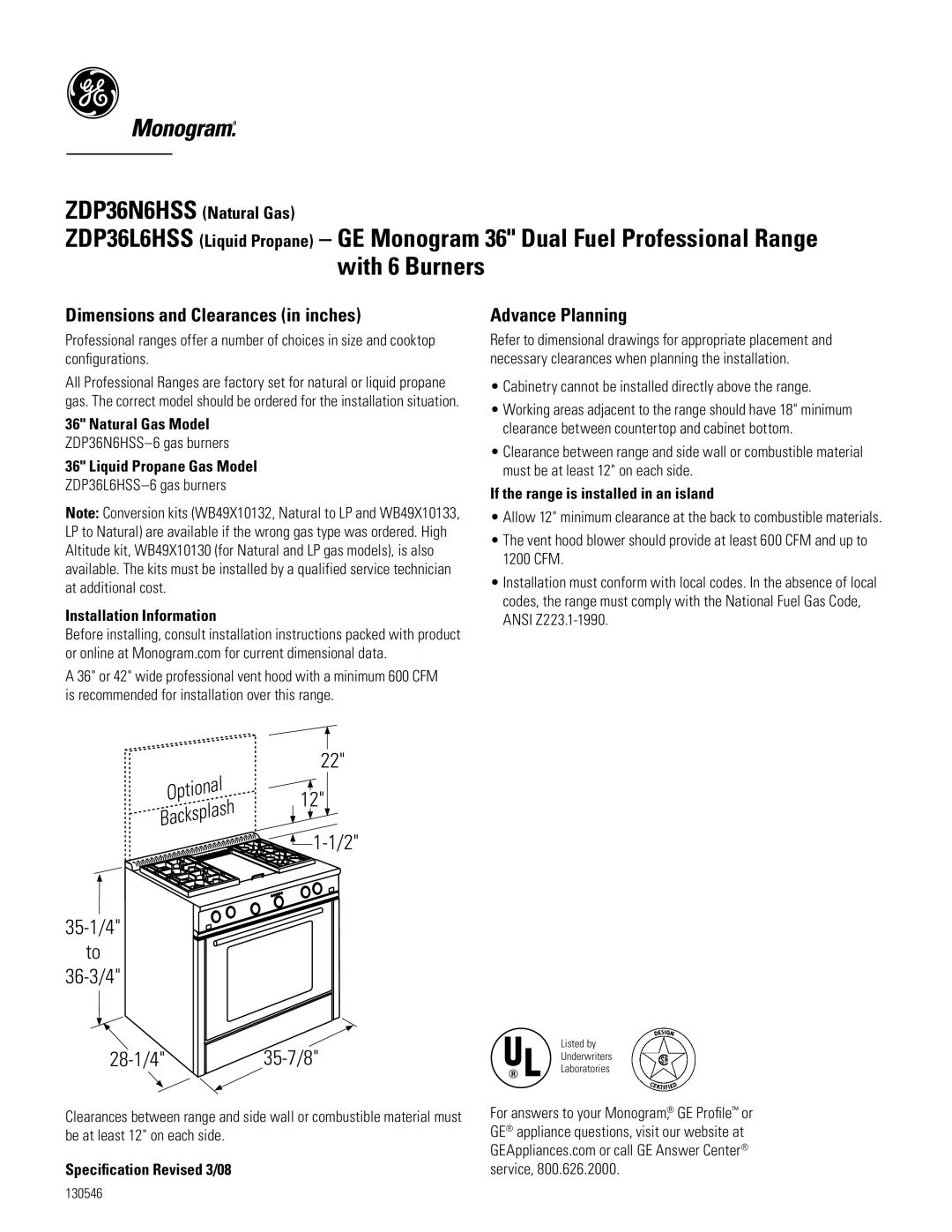 GE Monogram zDP36L6hSS, zDP36N6hSS dimensions Dimensions and Clearances in inches, Advance Planning 