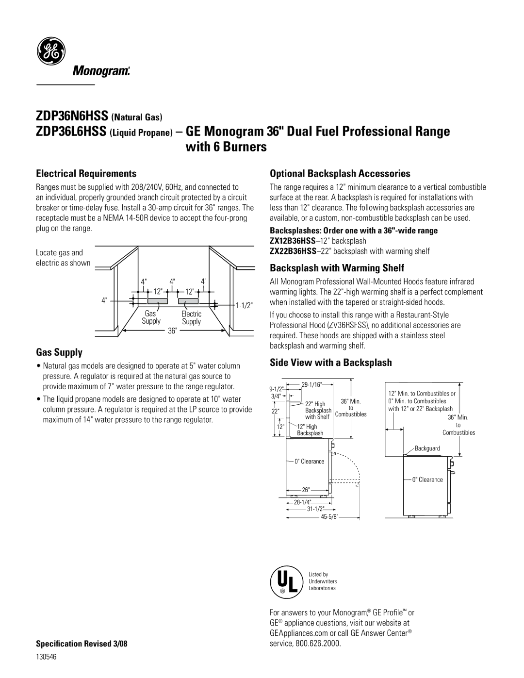 GE Monogram zDP36N6hSS Electrical Requirements, Gas Supply, Optional Backsplash Accessories, Backsplash with Warming Shelf 