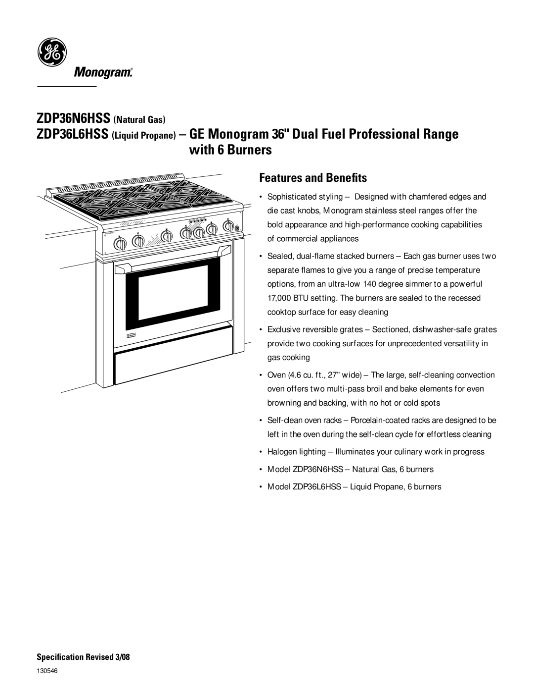 GE Monogram zDP36L6hSS, zDP36N6hSS dimensions Features and Benefits 