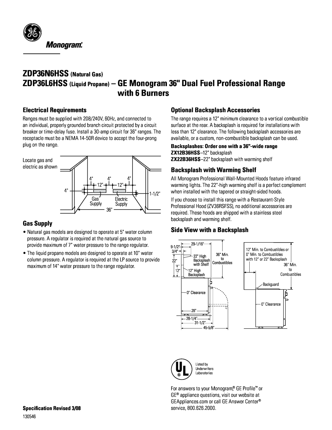 GE Monogram zDP36N6hSS Electrical Requirements, Gas Supply, Optional Backsplash Accessories, Backsplash with Warming Shelf 