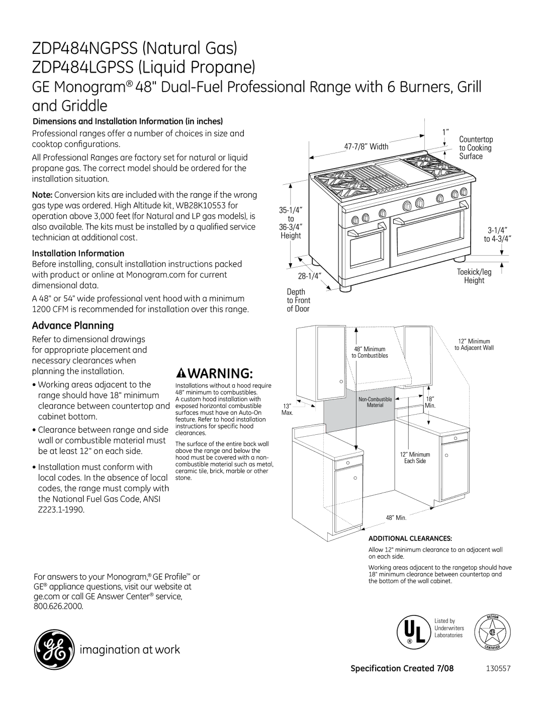 GE Monogram dimensions ZDP484NGPSS Natural Gas ZDP484LGPSS Liquid Propane, Advance Planning, Installation Information 