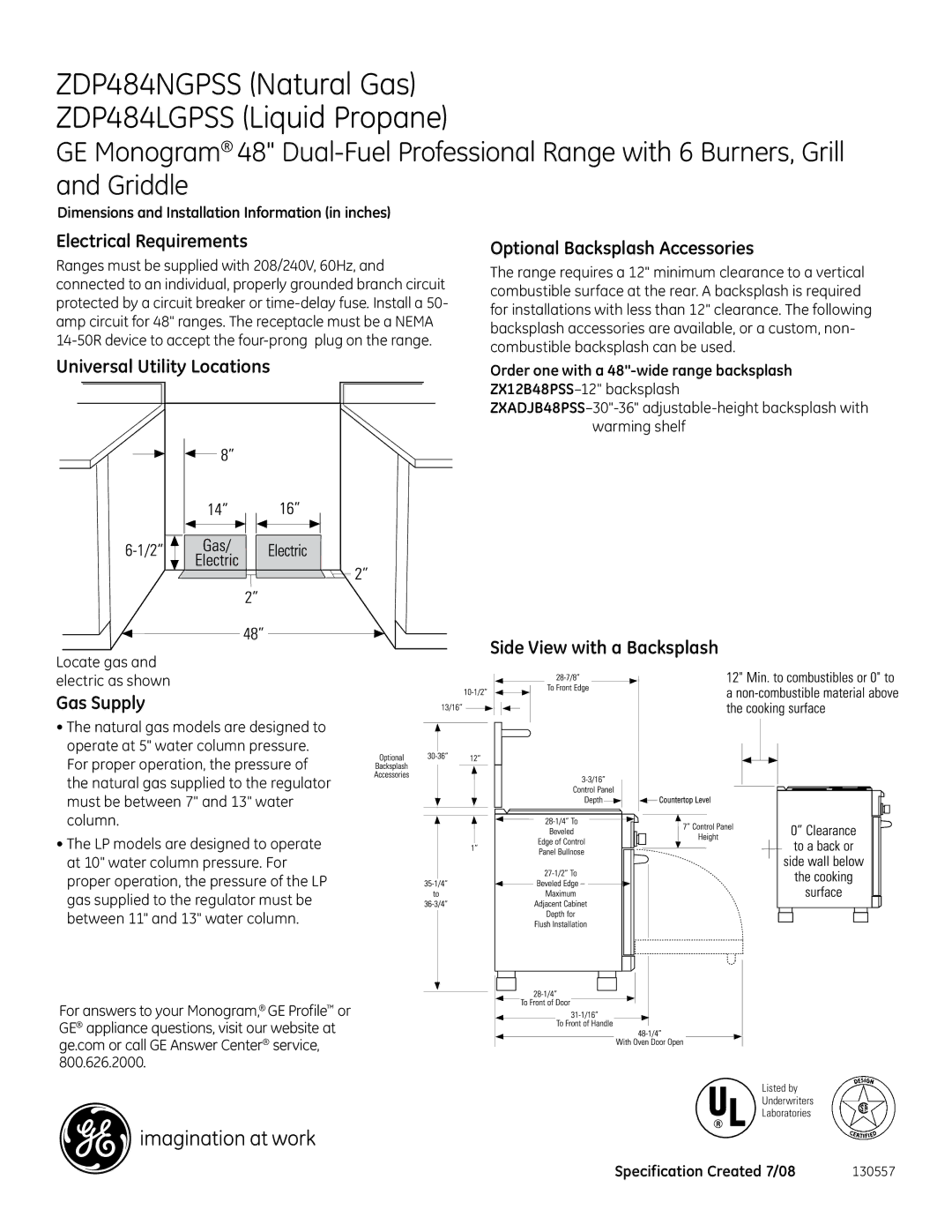 GE Monogram ZDP484NGPSS Electrical Requirements, Universal Utility Locations, Gas Supply, Optional Backsplash Accessories 