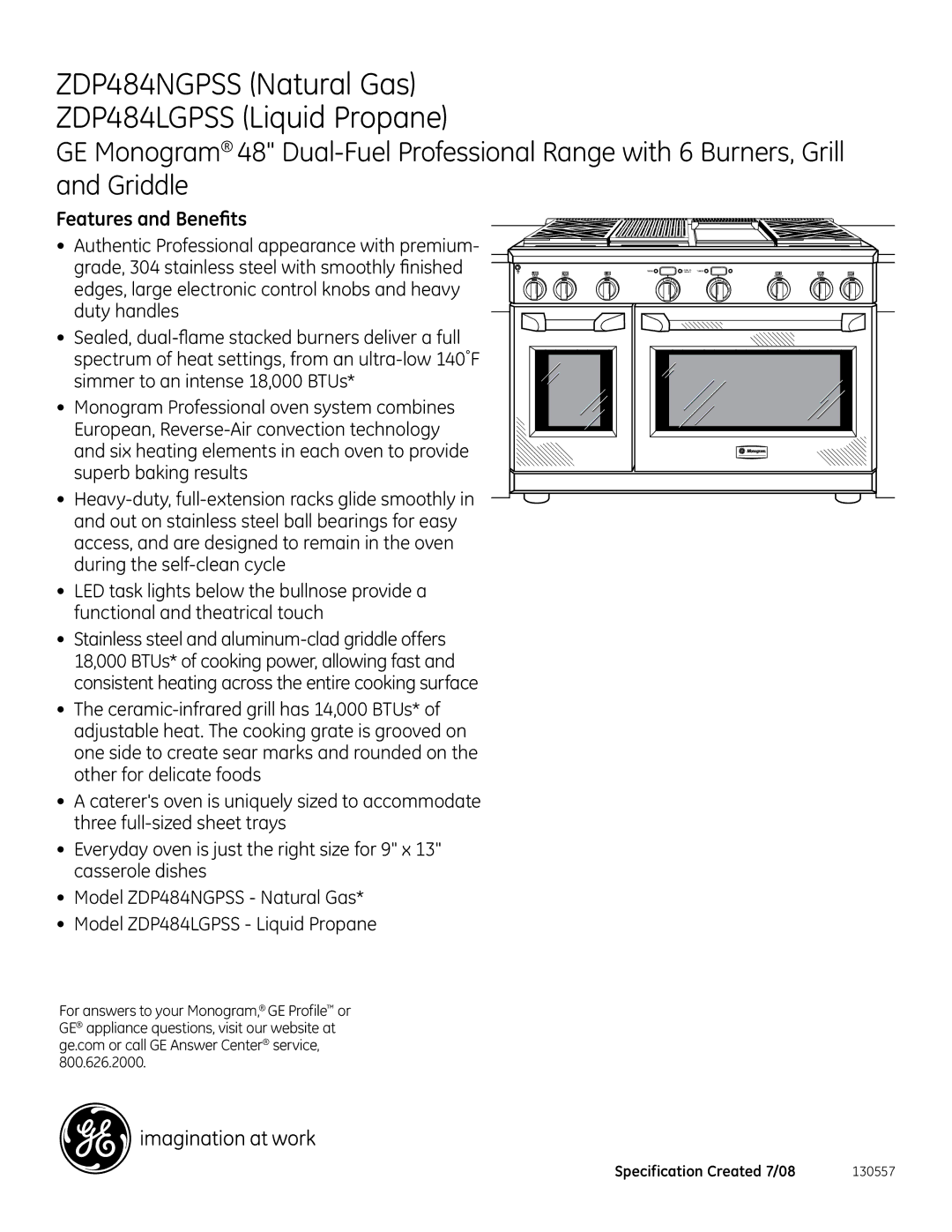 GE Monogram ZDP484LGPSS, ZDP484NGPSS dimensions Features and Benefits 