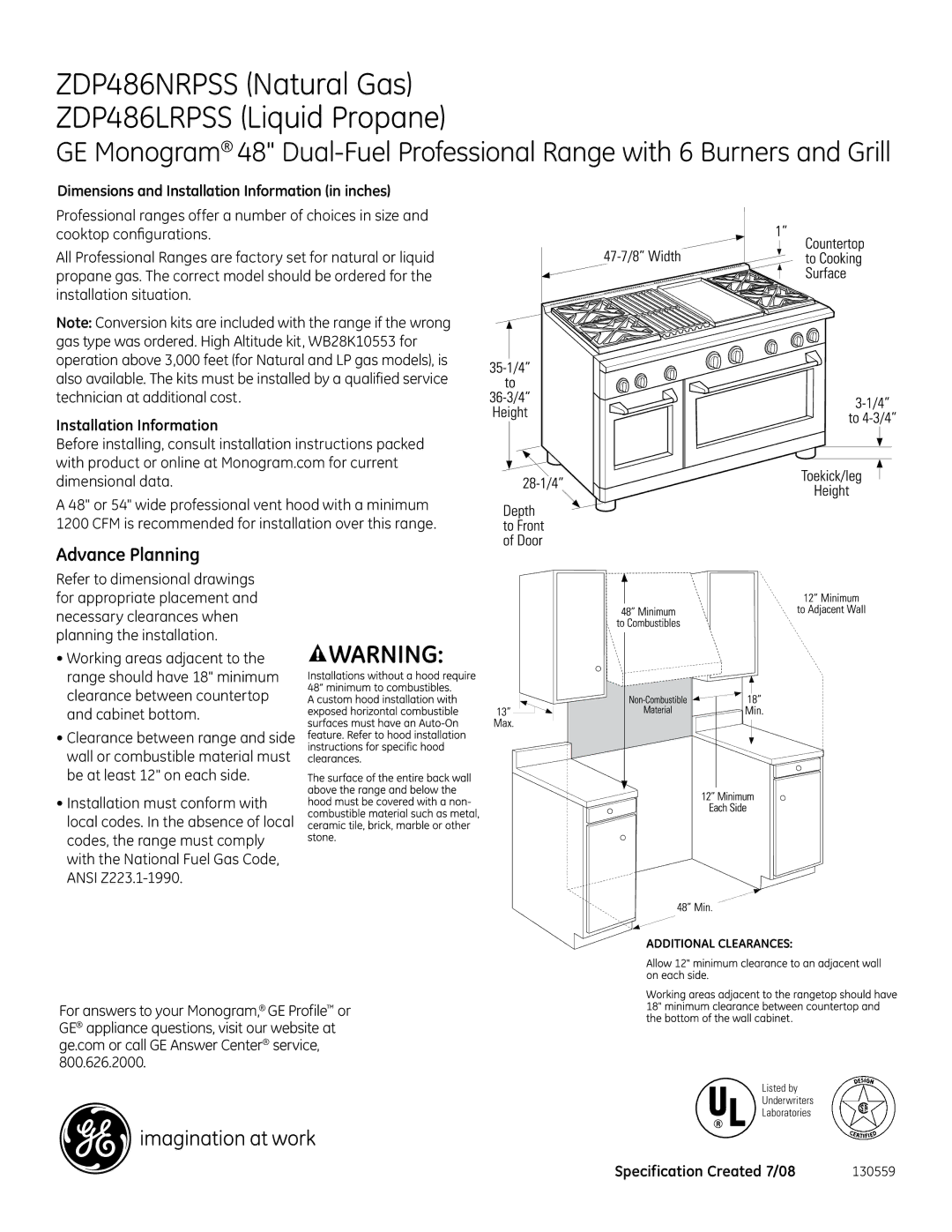 GE Monogram dimensions ZDP486NRPSS Natural Gas ZDP486LRPSS Liquid Propane, Advance Planning, Installation Information 