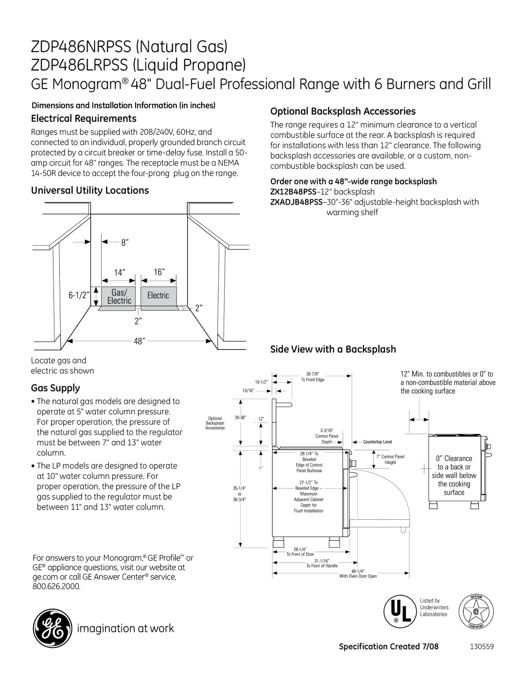 GE Monogram ZDP486LRPSS Electrical Requirements, Universal Utility Locations, Gas Supply, Optional Backsplash Accessories 