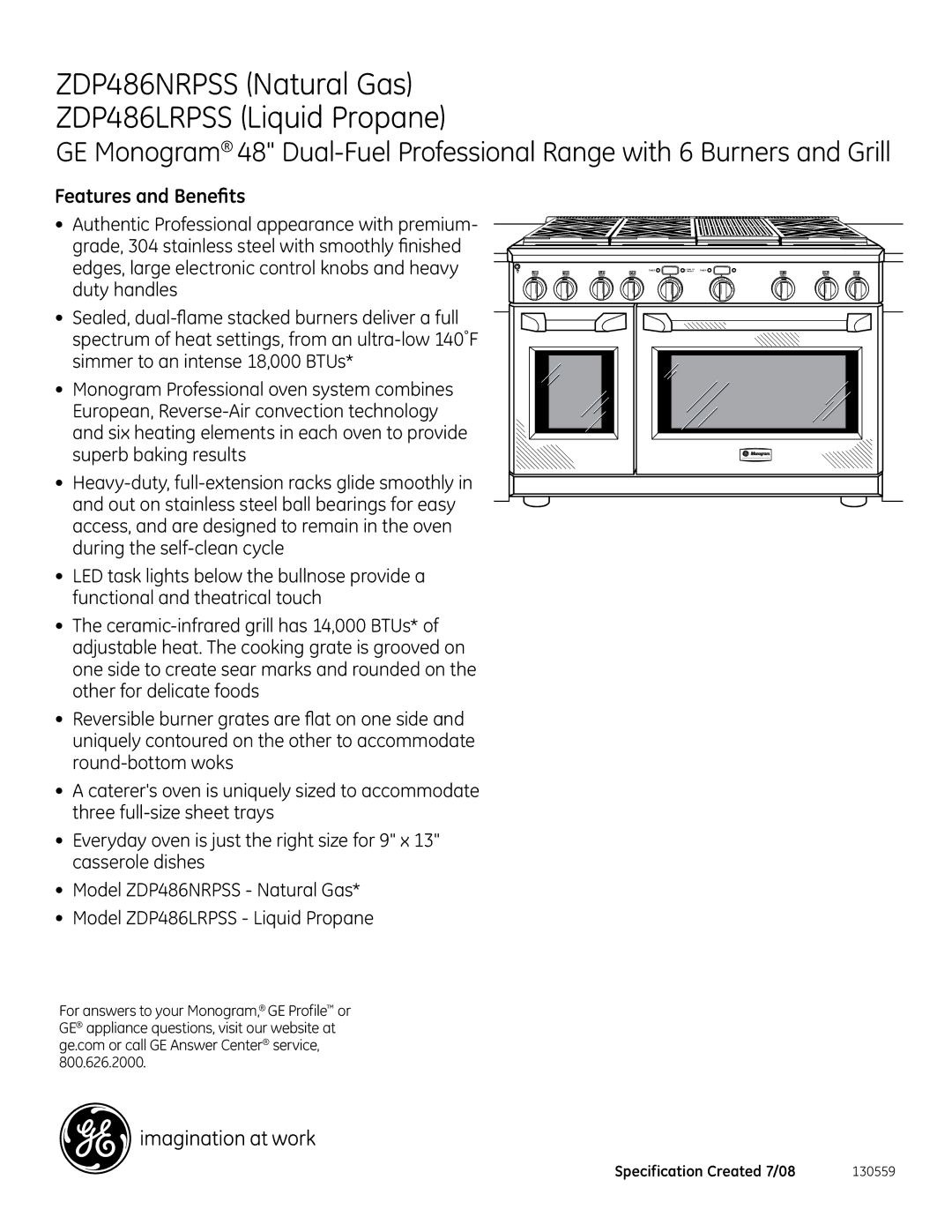 GE Monogram ZDP486NRPSS, ZDP486LRPSS dimensions Features and Benefits 