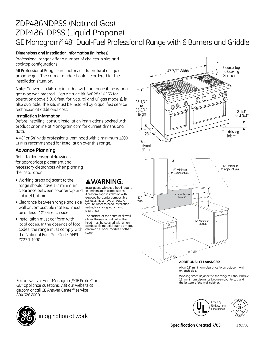 GE Monogram dimensions ZDP486NDPSS Natural Gas ZDP486LDPSS Liquid Propane, Advance Planning, Installation Information 