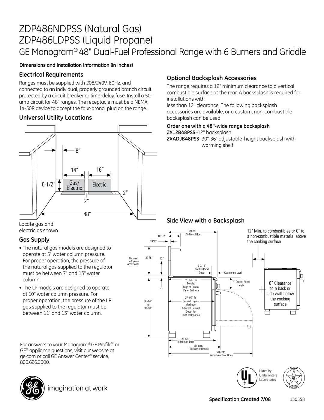 GE Monogram ZDP486NDPSS Electrical Requirements, Universal Utility Locations, Gas Supply, Optional Backsplash Accessories 