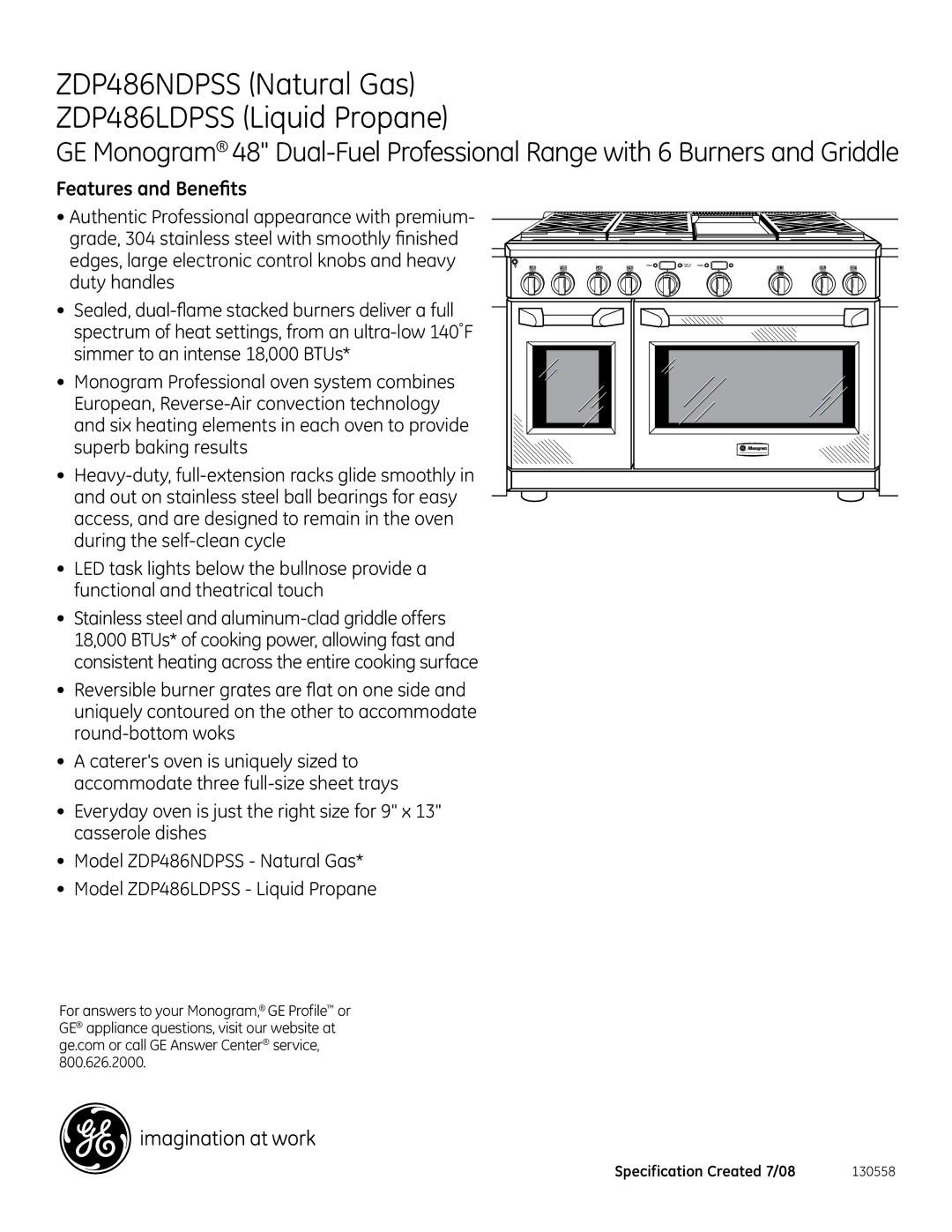 GE Monogram ZDP486LDPSS, ZDP486NDPSS dimensions Features and Benefits 