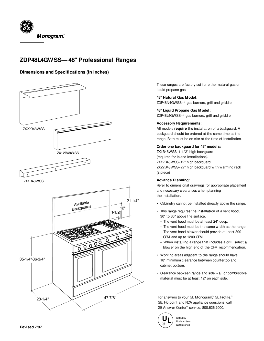 GE Monogram ZDP48L4GWSS dimensions Natural Gas Model, Accessory Requirements, Advance Planning, Revised 7/97 