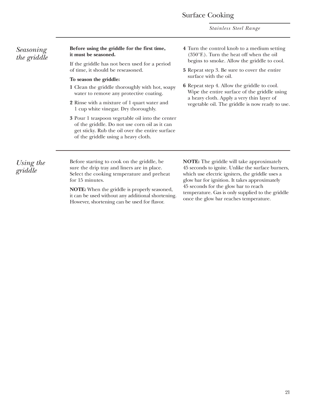 GE Monogram ZDP36N4D, ZDP48L6R, ZDP48N4G, ZDP48L6D, ZDP36L4D, ZDP36L6 Seasoning the griddle Surface Cooking, Using the griddle 