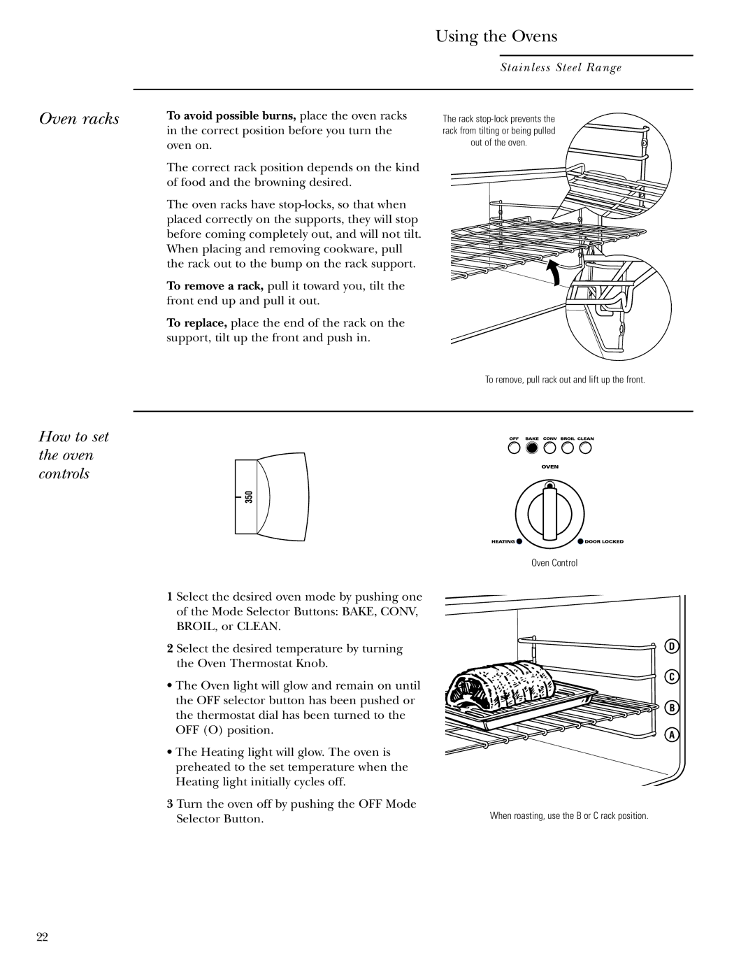 GE Monogram ZDP36N4R, ZDP48L6R, ZDP48N4G, ZDP48L6D, ZDP36L4D, ZDP36L6, ZDP36N6, ZDP30L4 Oven racks, How to set the oven controls 