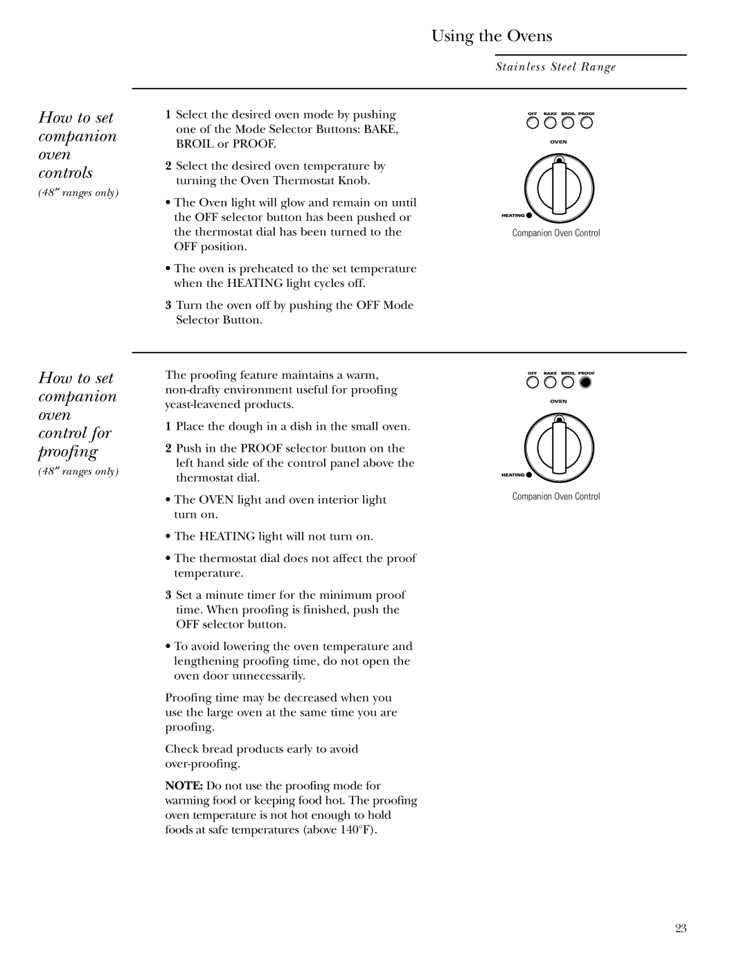 GE Monogram ZDP36L4R, ZDP48L6R, ZDP48N4G How to set companion oven controls, How to set companion oven control for proofing 