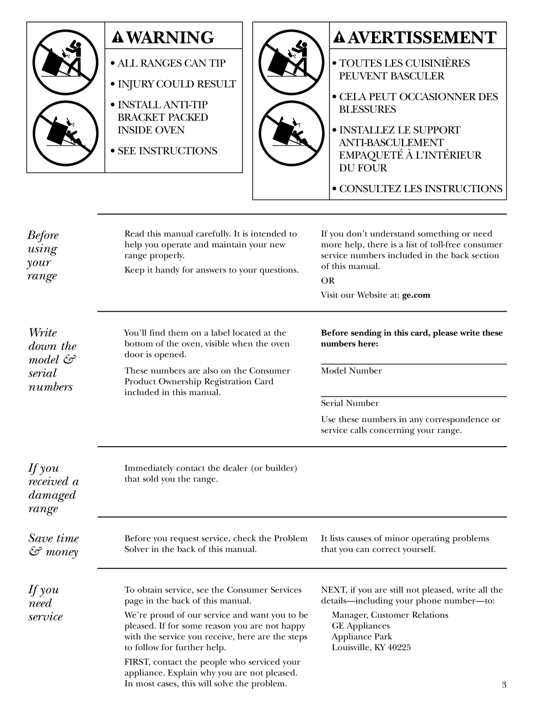 GE Monogram ZDP36L4D Before using your range, If you need service, Before sending in this card, please write these 