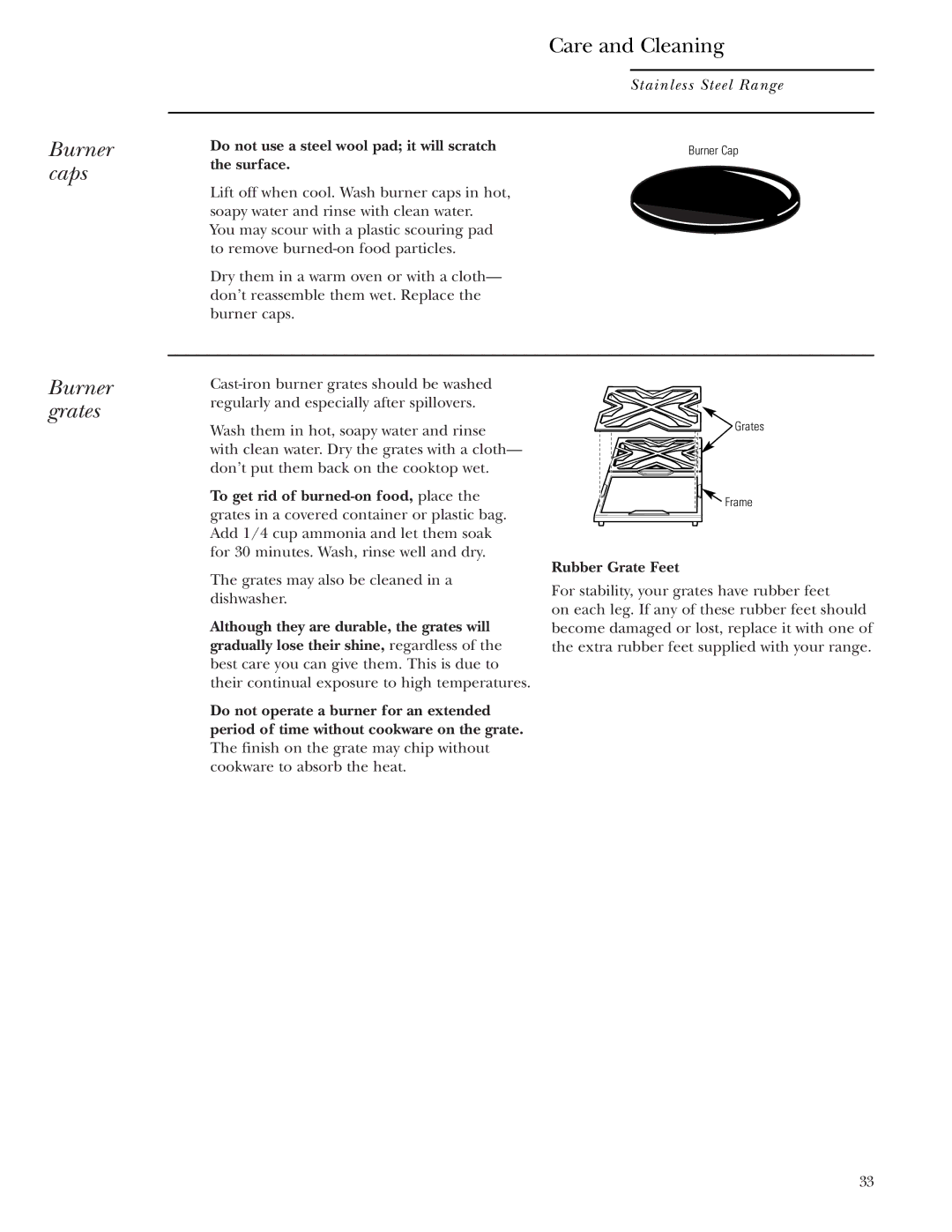 GE Monogram ZDP36N6 Burner caps, Burner grates, Do not use a steel wool pad it will scratch, Surface, Rubber Grate Feet 