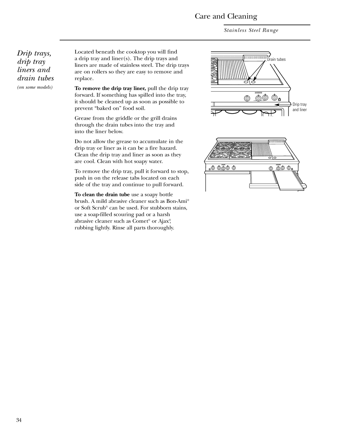 GE Monogram ZDP30L4, ZDP48L6R, ZDP48N4G, ZDP48L6D, ZDP36L4D Drip trays, drip tray liners and drain tubes, Care and Cleaning 