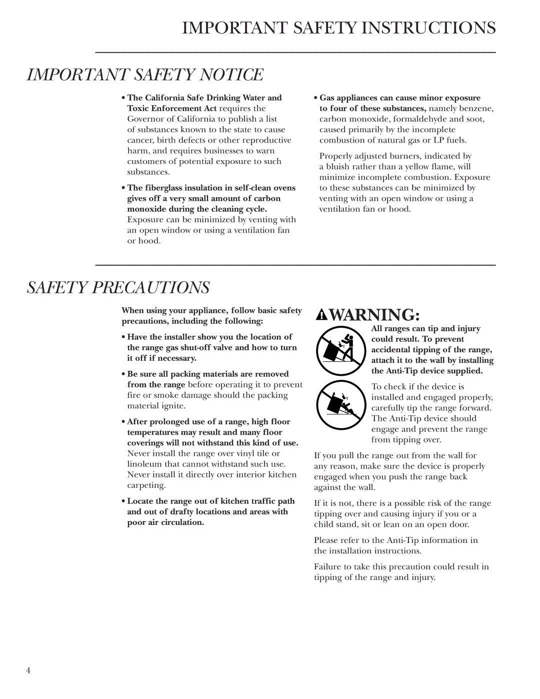 GE Monogram ZDP36L6, ZDP48L6R, ZDP48N4G, ZDP48L6D, ZDP36L4D, ZDP36N6, ZDP30L4 Important Safety Notice, Safety Precautions 