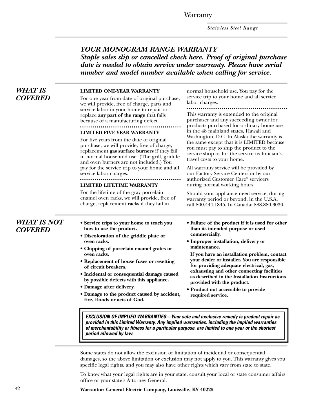 GE Monogram ZDP48L6R, ZDP48N4G, ZDP48L6D Your Monogram Range Warranty, Warrantor General Electric Company, Louisville, KY 