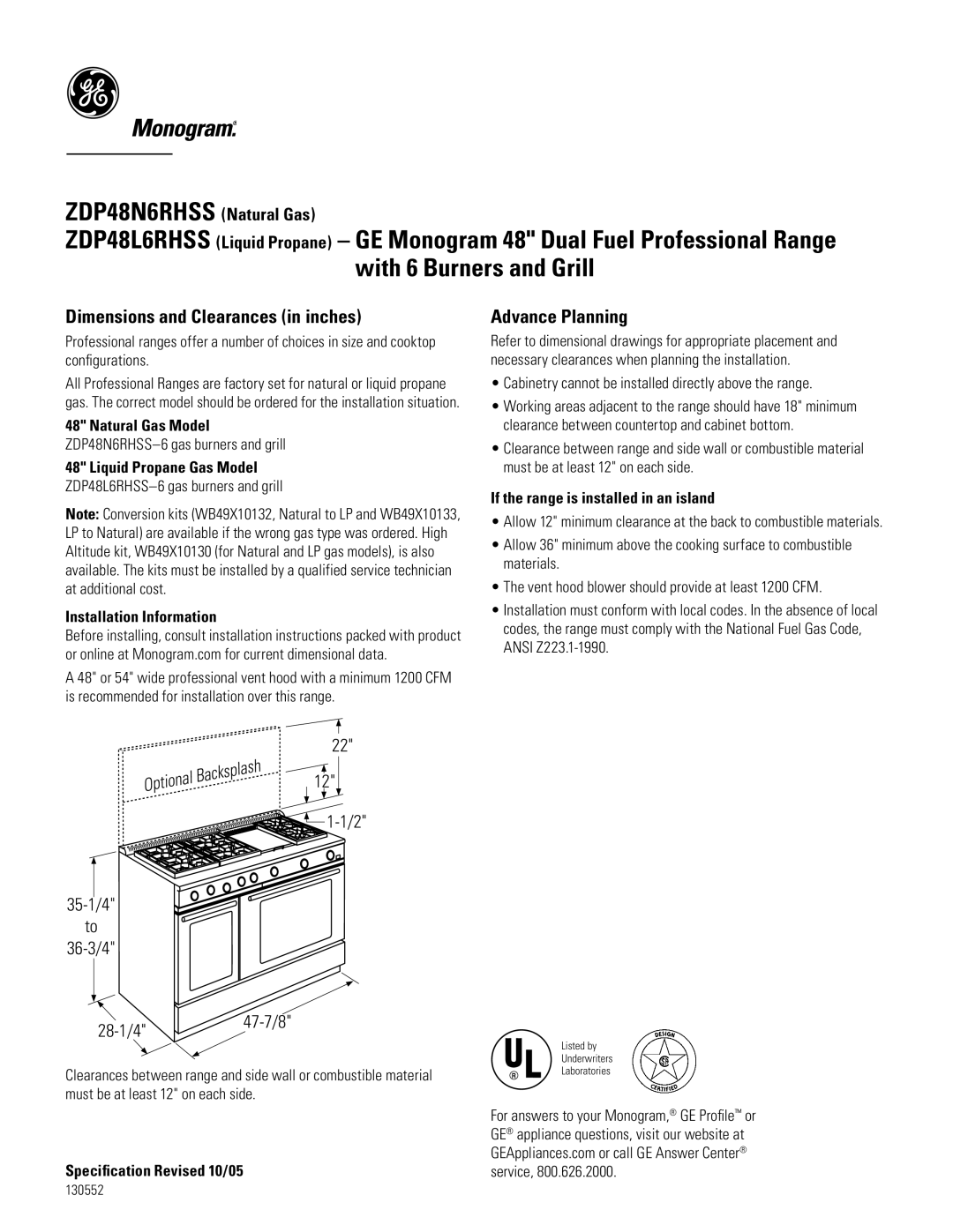 GE Monogram ZDP48N6RHSS6 dimensions Dimensions and Clearances in inches, Advance Planning, Installation Information 