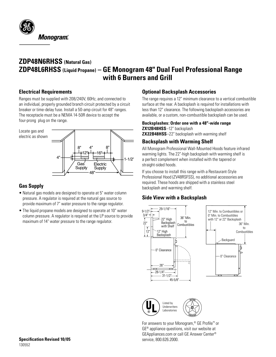 GE Monogram ZDP48L6RHSS6 Electrical Requirements, Gas Supply, Optional Backsplash Accessories, Side View with a Backsplash 