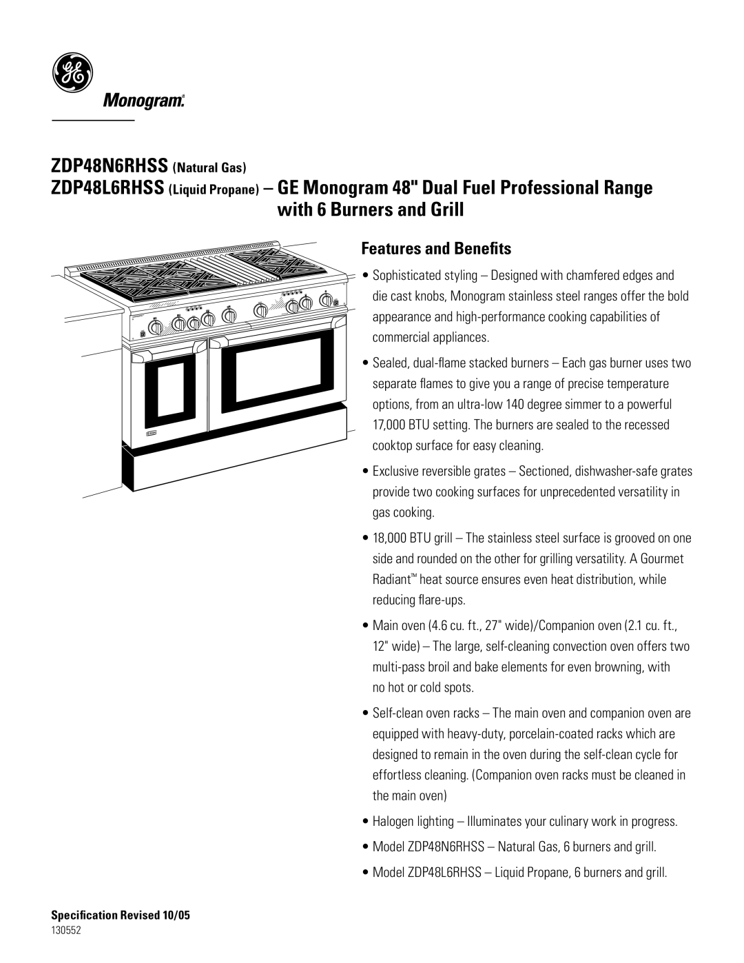 GE Monogram ZDP48N6RHSS6, ZDP48L6RHSS6 dimensions Features and Beneﬁts 